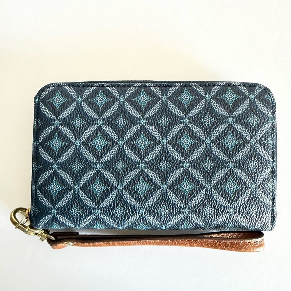 Fossil Geometric Print Zip Clutch Wristlet Wallet Leather Strap EUC